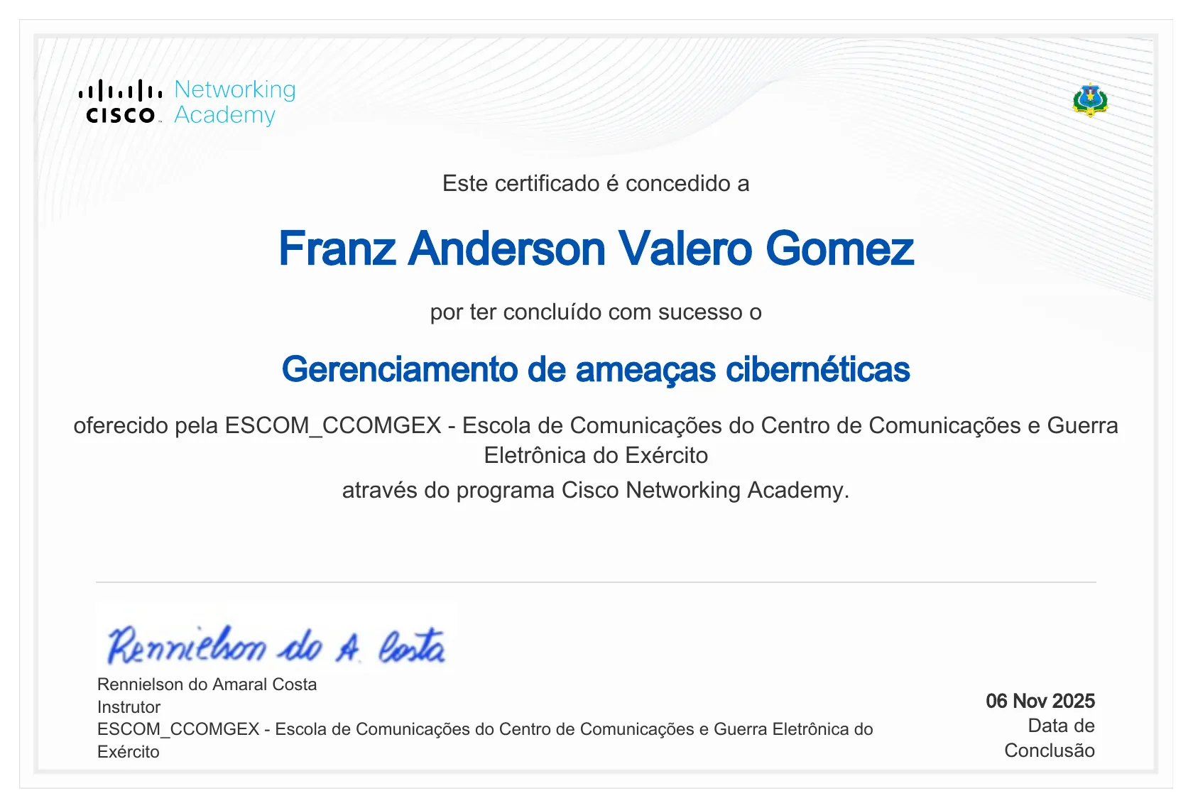 Certificado Cyber Threat Management, Cisco Networking Academy.