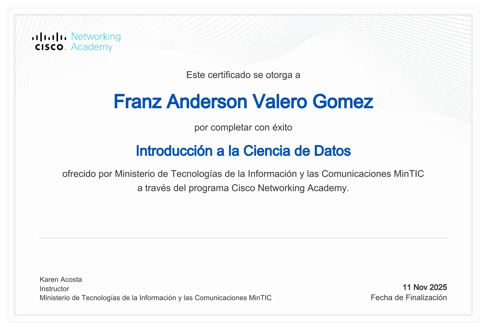 Certificado Introducción a la Ciencia de Datos, Cisco Networking Academy · MinTIC.