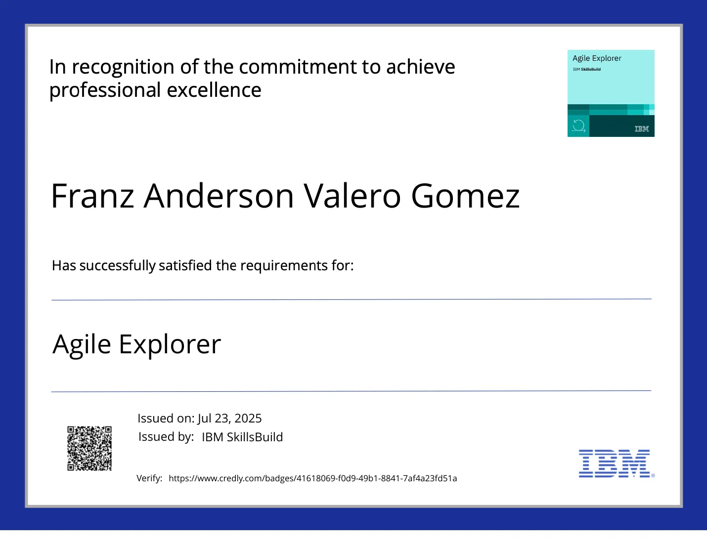 Certificado Agile Explorer, IBM SkillsBuild.
