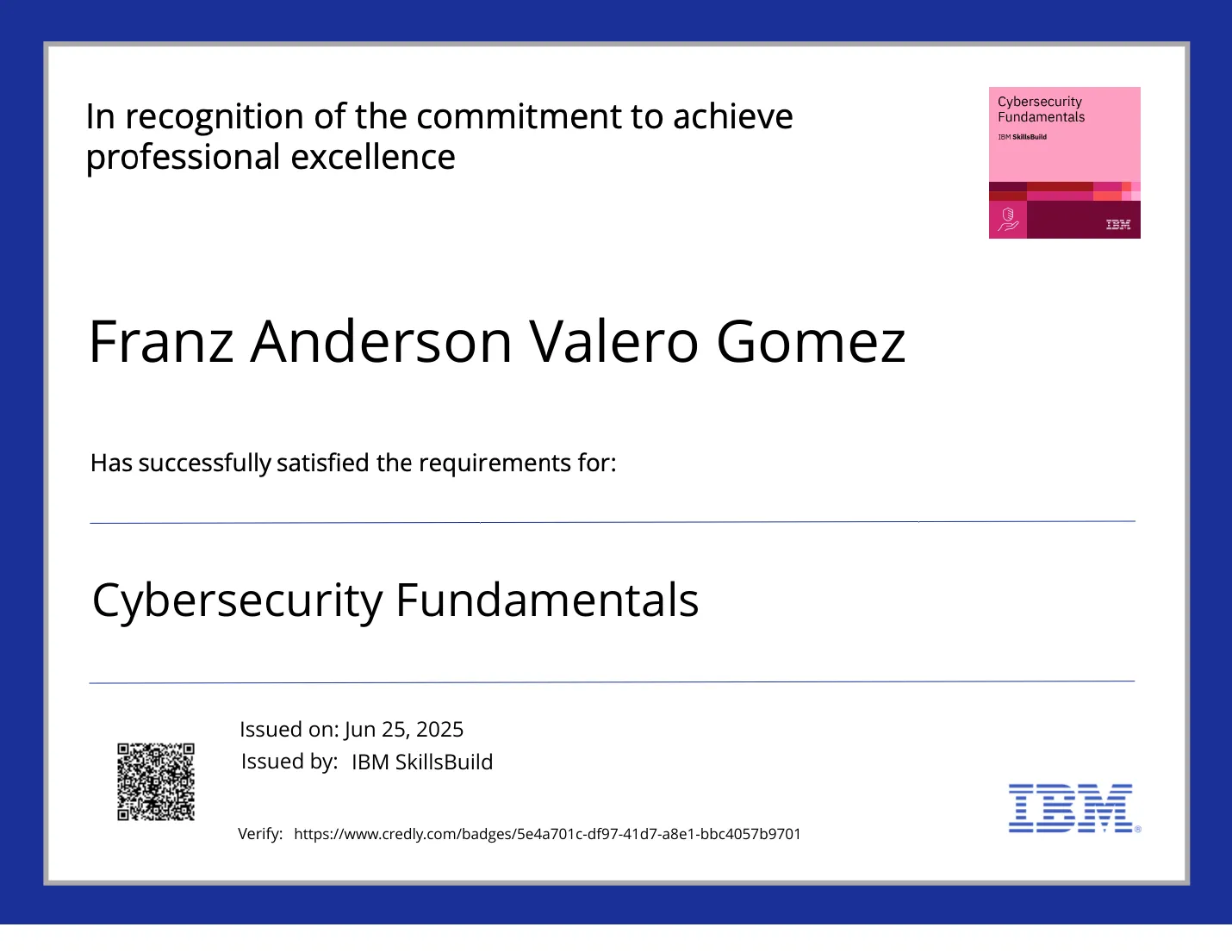 Certificado Cybersecurity Fundamentals, IBM SkillsBuild.