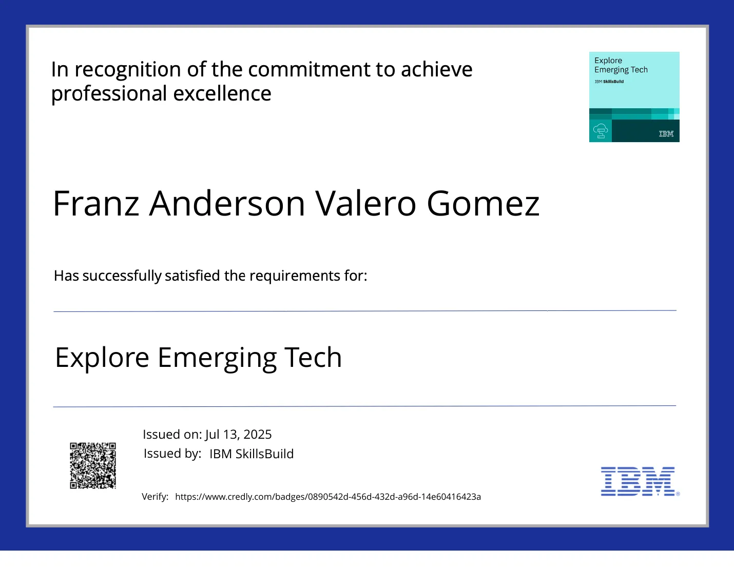 Certificado Explore Emerging Tech, IBM SkillsBuild.