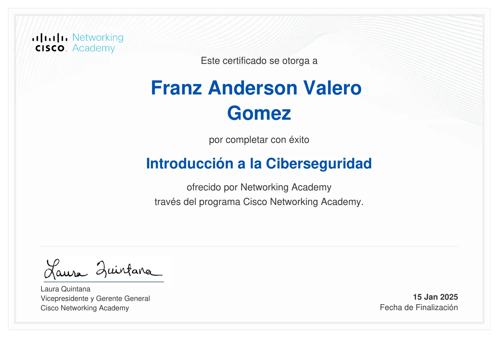 Certificado Introducción a la Ciberseguridad, Cisco Networking Academy.