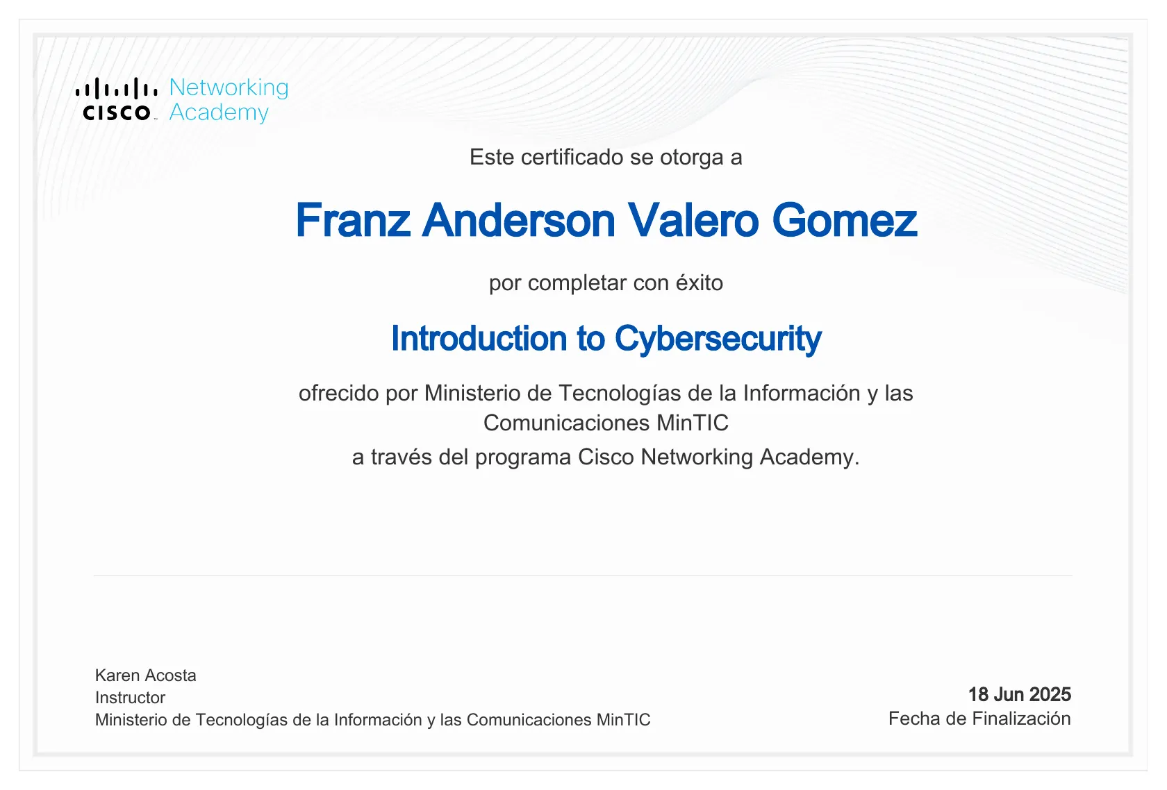 Certificado Introduction to Cybersecurity, Cisco Networking Academy · MinTIC.