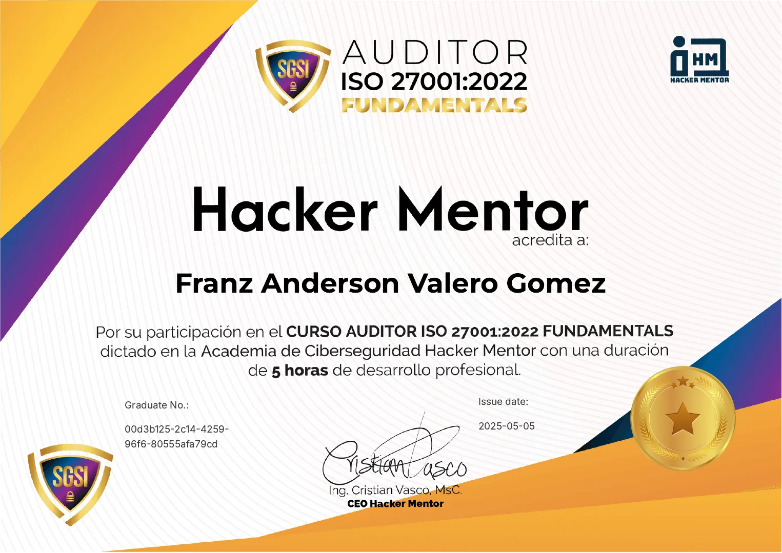 Certificado Auditor ISO 27001:2022 Fundamentals, Hacker Mentor.