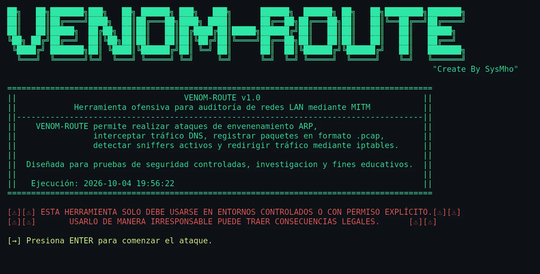 Pantalla de arranque real de SysMho Venom, con su advertencia de uso solo autorizado.